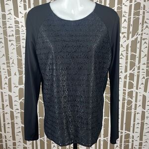 Ann Taylor Lace Front Slinky Back & Sleeves Top Black sz M